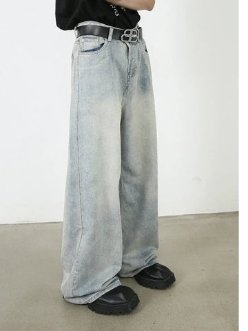 Aidase Korean Style Retro Fashion Distressed Light Blue Jeans Men Zippered Loose Casual Straight Leg Wide Leg Pants aidase-shop